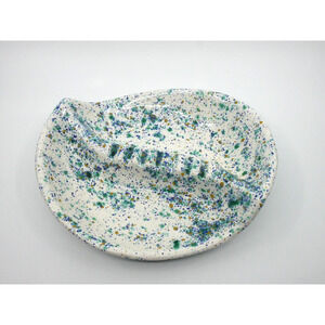 Vtg Large Drip Glaze Ashtray Trinket Dish Green Blue Gold Oblong Curved 1970s